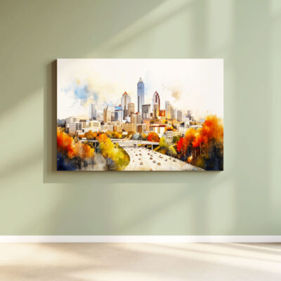 Cityscape painting with colorful autumn trees.