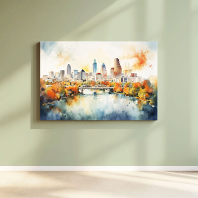 Colorful cityscape painting with autumn trees and river.