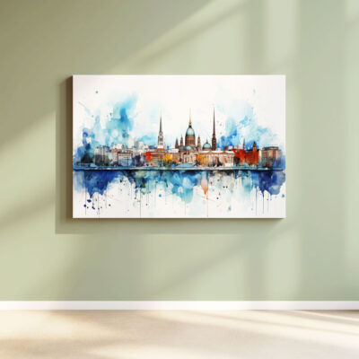Colorful watercolor cityscape painting on wall.