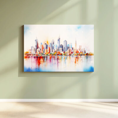 Colorful city skyline painting on wall.