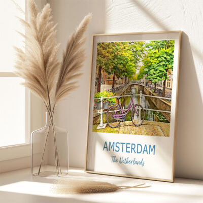 Amsterdam canal poster with bike and bridge.