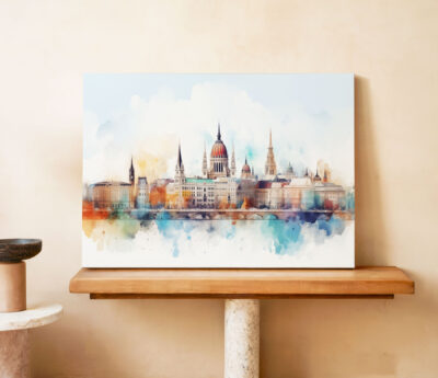 Colorful architectural skyline watercolor art on canvas.