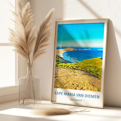 Cape Maria Van Diemen poster on sunny windowsill.