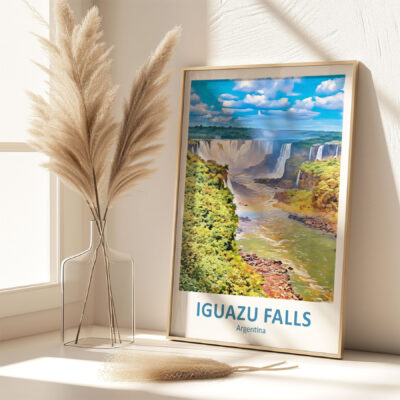 Framed Iguazu Falls painting next to decorative pampas.