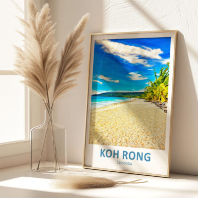 Framed Koh Rong beach art with sunlight reflection.