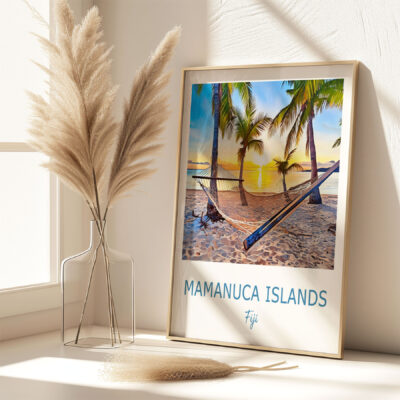 Framed beach hammock poster of Mamanuca Islands, Fiji.