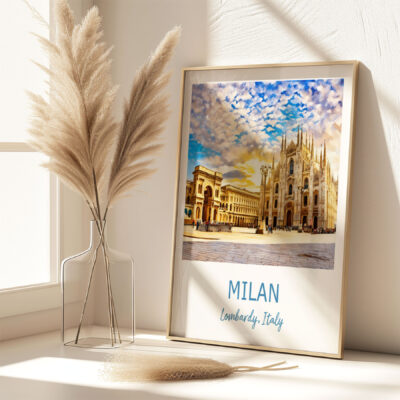 Milan cathedral artwork in frame near pampas grass.