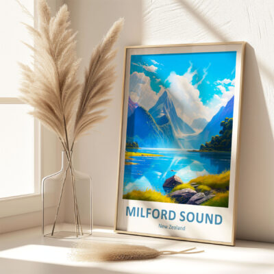 Milford Sound poster in bright room with vase