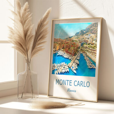 Framed Monte Carlo poster on a sunny shelf