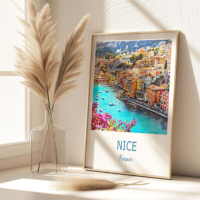 Framed Nice, France poster with pampas grass decor