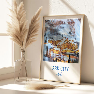 Park City Utah poster with vase on windowsill.