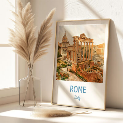 Framed Rome poster, pampas grass vase on table.