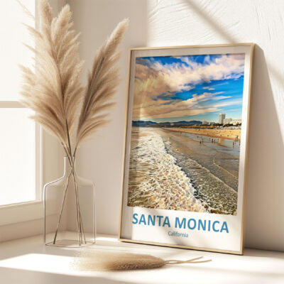 Santa Monica beach framed artwork with pampas grass.