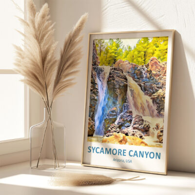 Framed Sycamore Canyon poster on sunny windowsill.