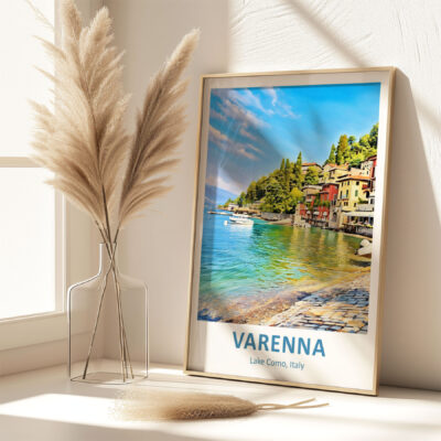 Framed Varenna Lake Como Italy poster on shelf