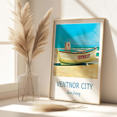 Ventnor City beach framed photo on sunny table.