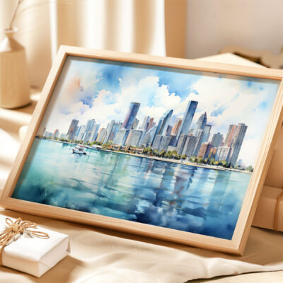 Framed cityscape painting with waterfront view.
