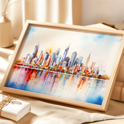 Colorful cityscape watercolor painting in wooden frame.