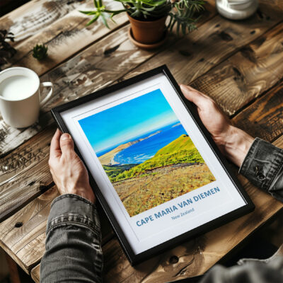 Framed Cape Maria Van Diemen print on table.