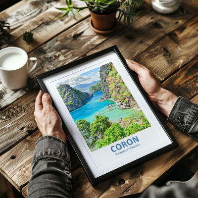 Person holding framed photo of Coron, Philippines.