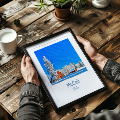 Framed photo of McCall, Idaho landscape on table.