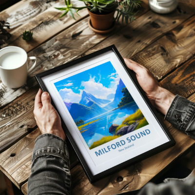Person holding Milford Sound New Zealand landscape poster.