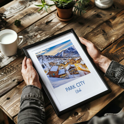 Framed Park City photo on wooden table, plants nearby.