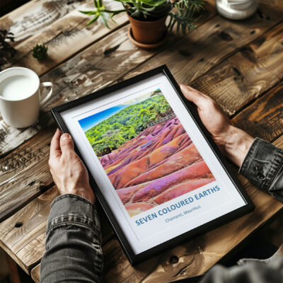 Person holds framed Seven Coloured Earths photo.