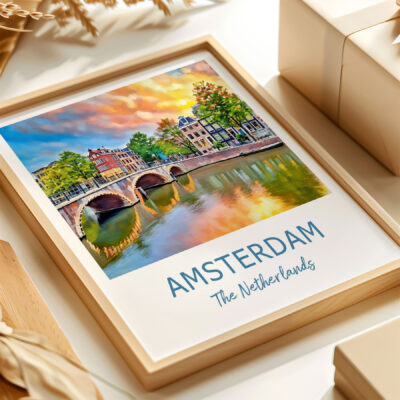 Framed Amsterdam canal painting with bridge and houses.