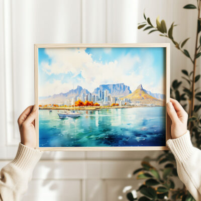 Hands holding painting of water and mountains