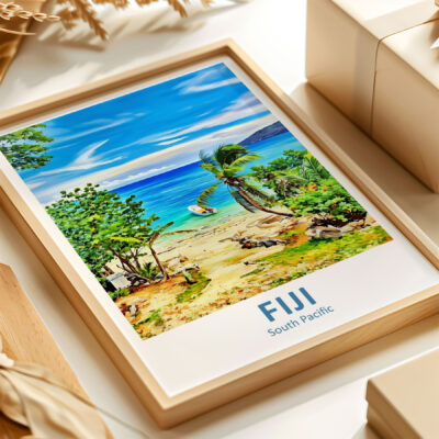 Fiji beach artwork in wooden frame