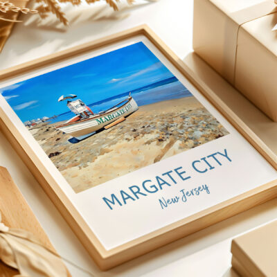 Margate City beach scene with lifeboat and umbrella