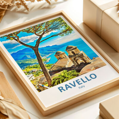 Ravello Italy poster, scenic coastal view, vibrant colors.
