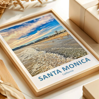 Santa Monica beach framed print on table