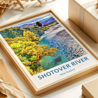 Colorful Shotover River artwork in wooden frame.