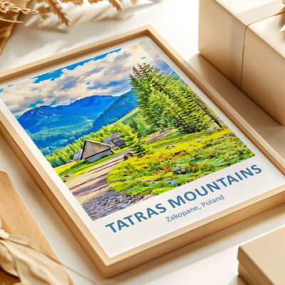 Painting of Tatra Mountains in wooden frame.