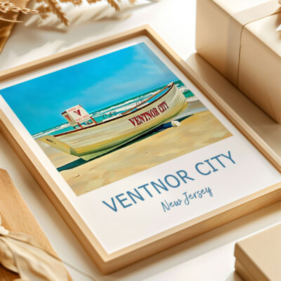 Ventnor City beach print with lifeguard boat.