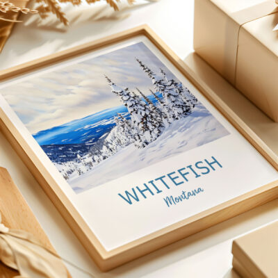 Framed landscape painting of snowy Whitefish, Montana