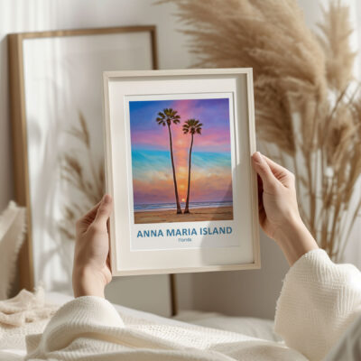 Framed Anna Maria Island sunset artwork with palm trees.