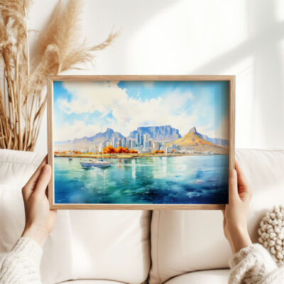 Framed painting of a cityscape with mountains.