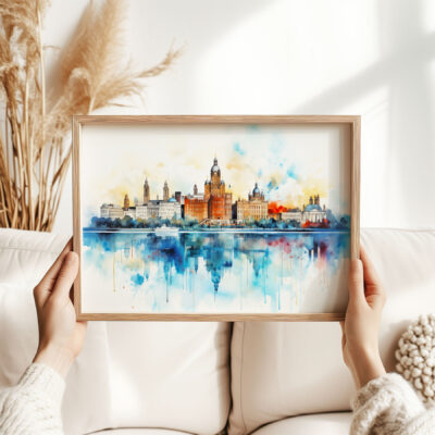 Framed cityscape watercolor painting with blue reflections.