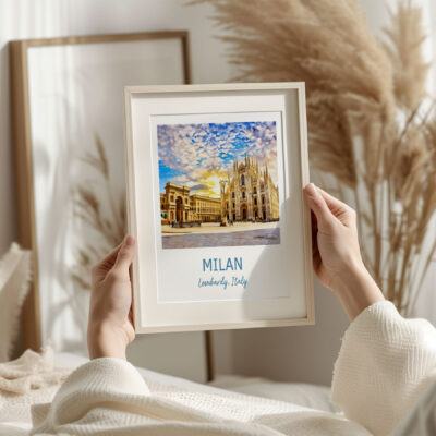 Framed photo of Milan Cathedral in soft light.