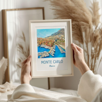 Person holding Monte Carlo framed artwork.