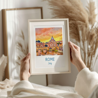 Person holding framed Rome, Italy painting