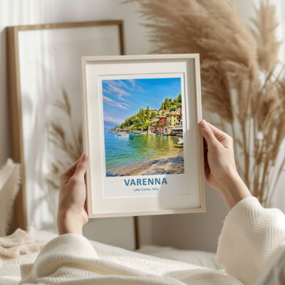 Framed Varenna Lake Como photo held by hands.
