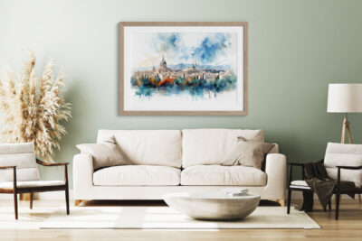 Living room with framed cityscape watercolor painting