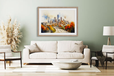 Living room with cityscape artwork on wall