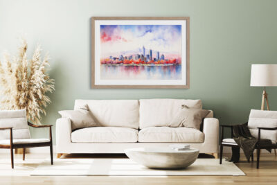 Living room with framed cityscape painting on wall.