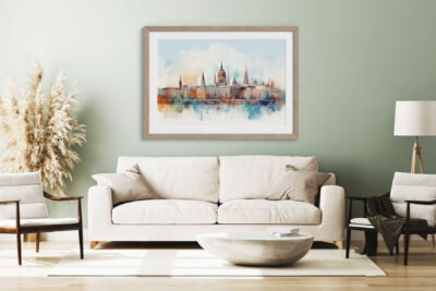 Modern living room with cityscape wall art.