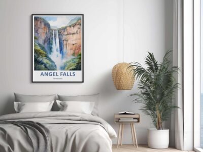 Bedroom with Angel Falls framed artwork on wall.